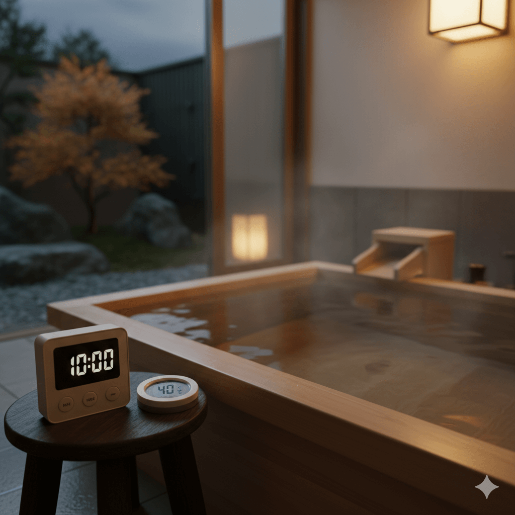 温められた湯船の横に置かれたタイマーと湯温計。理想的な入浴温度と時間を守る準備。