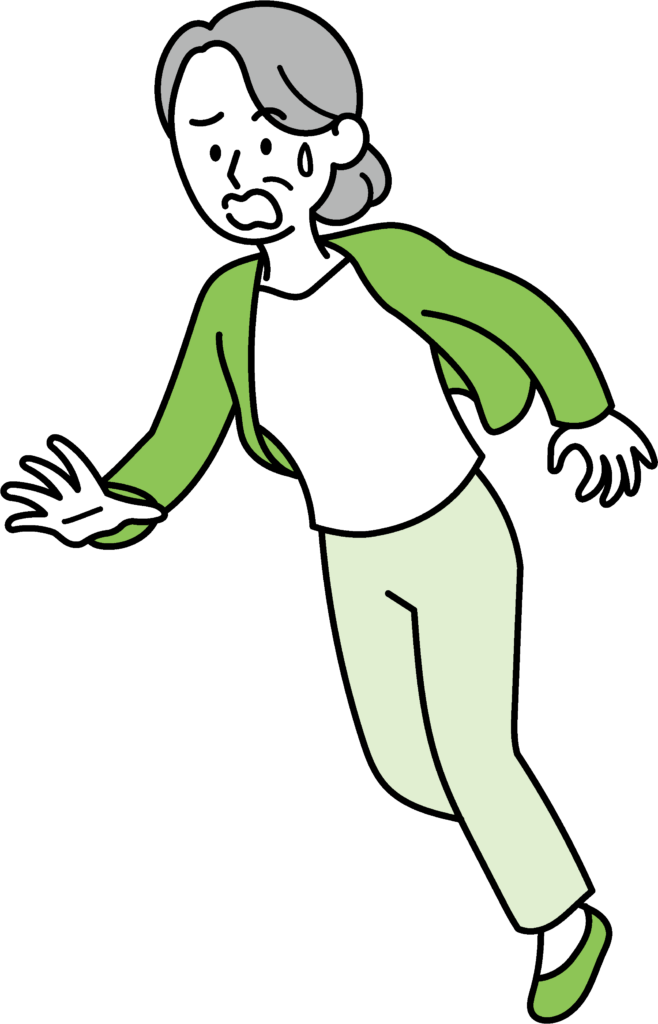 "ロコモ予防"の重要性を示すサインとして、家の中でつまずきそうになり焦る高齢女性のイラスト