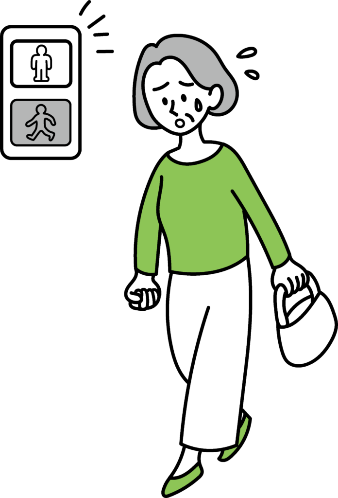 横断歩道を渡りきれず"ロコモ予防"の必要性を感じる、信号待ちで焦る高齢女性のイラスト