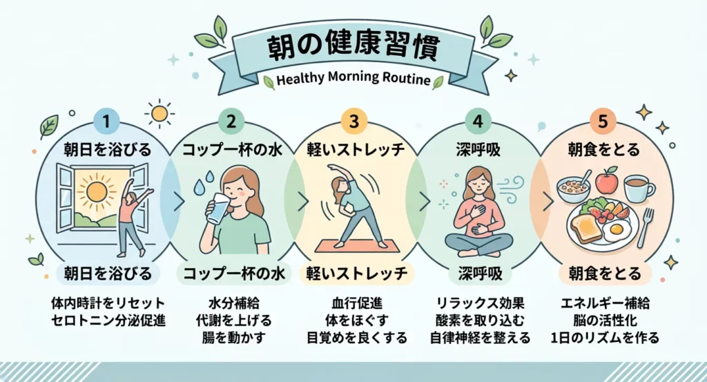 朝の疲れリセット習慣をまとめたシンプルな図解イラスト