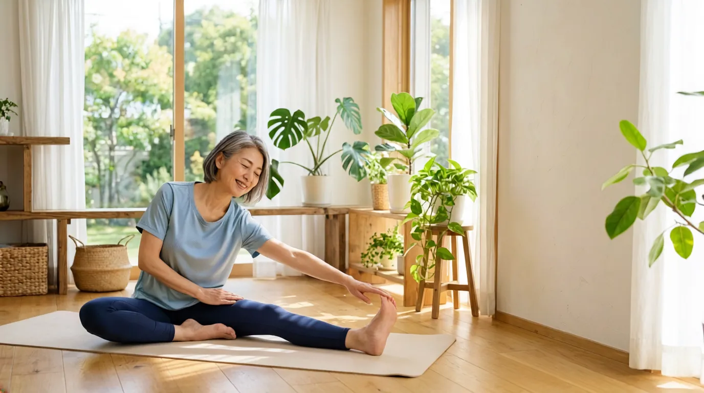 50代からの朝の疲れリセット習慣をイメージした朝日を浴びながらストレッチする女性