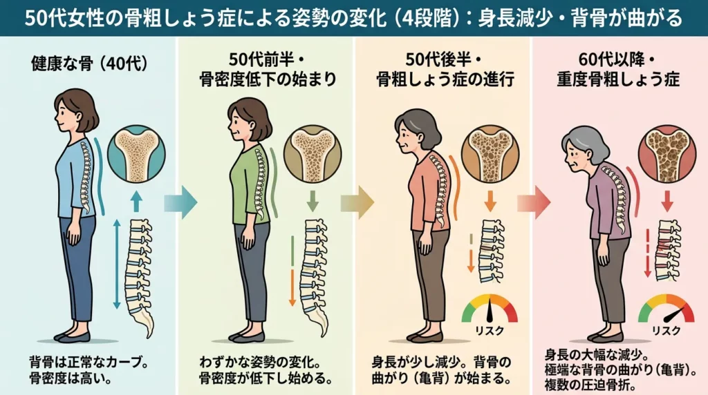 50代女性の骨粗しょう症による姿勢の変化(身長減少・背骨が曲がる)を4段階で示す日本語インフォグラフィック。健康な骨(40代)から骨密度低下による圧迫骨折のリスクまでを視覚化。