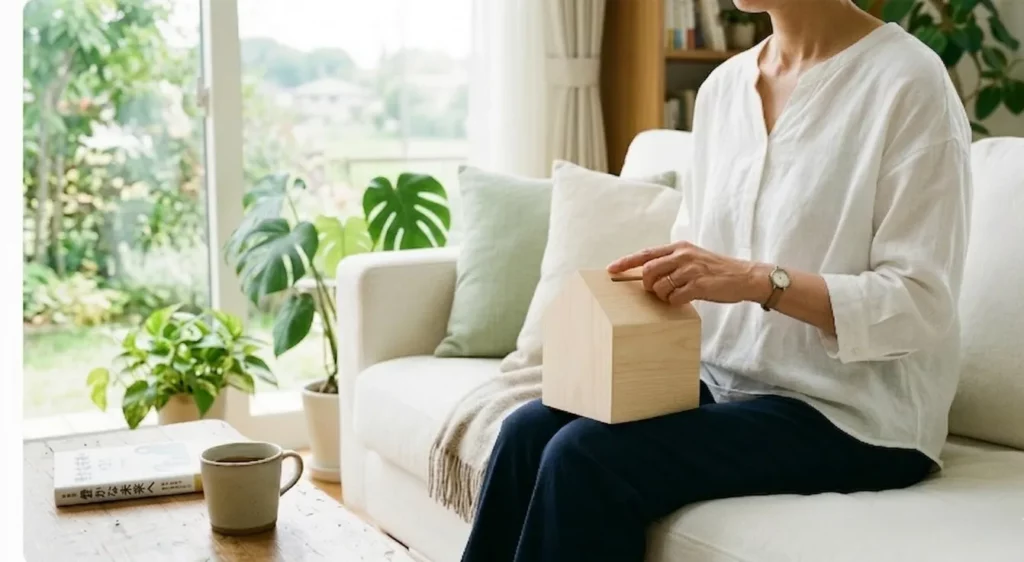 明るい窓辺のリビングで、清潔な白いソファに座り、穏やかに微笑む50代女性の横顔。彼女はアイキャッチにあった木製の家型貯金箱を愛おしそうに眺めており、その指先が貯金箱にそっと触れている。「骨貯金」を続けた先にある、穏やかで健康的な未来をイメージした写真。