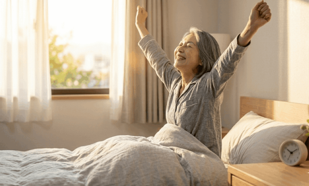 睡眠をとってすっきり目覚めた女性