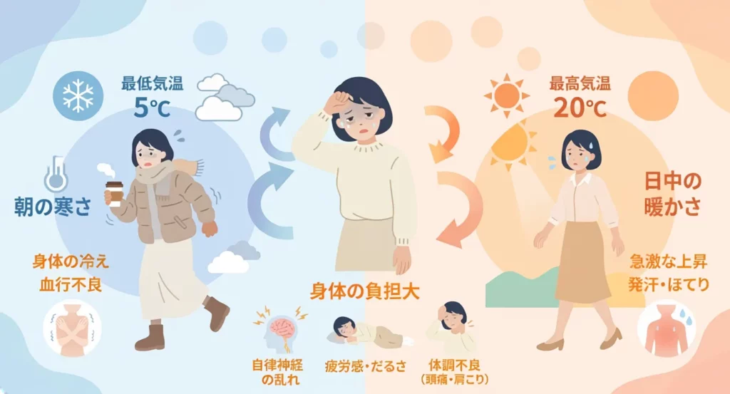 春の寒暖差による寒暖差疲労と自律神経の負担を表したイラスト