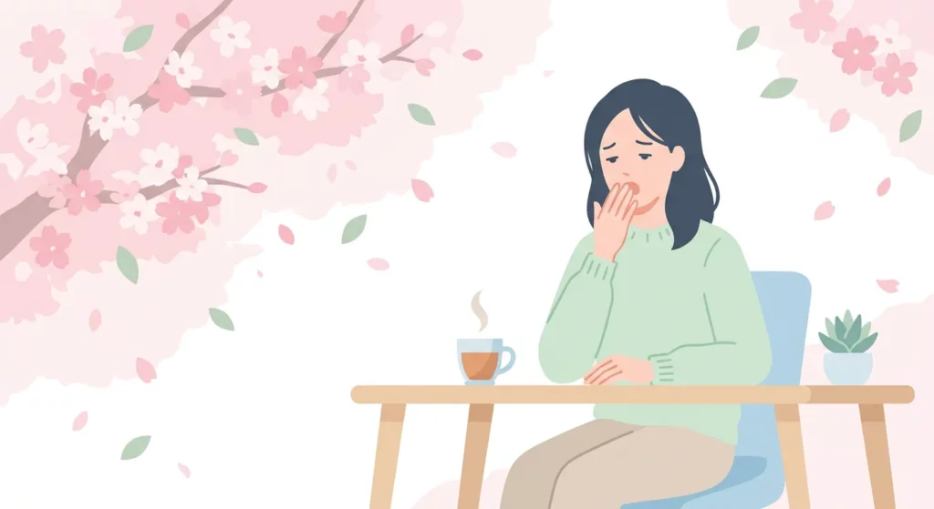 春の気温差で自律神経が乱れ、体のだるさを感じる女性のイラスト