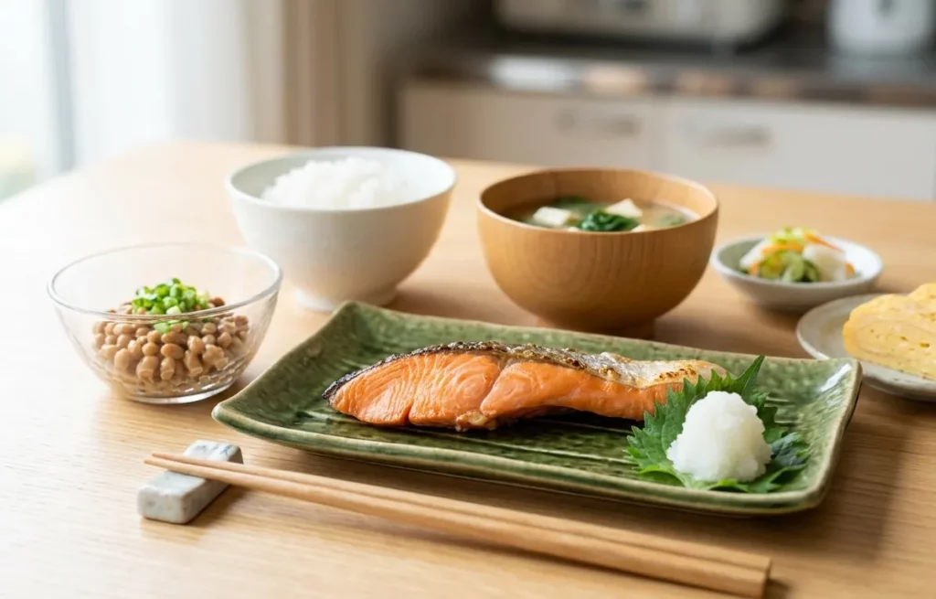 カルシウム豊富な鮭の塩焼き、納豆、卵、豆腐と小松菜のお味噌汁が並んだ、50代女性の骨の健康維持をサポートする和食の朝ごはん。