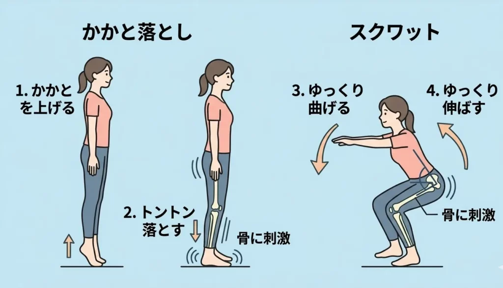 自宅で簡単にできる骨粗しょう症予防のための「かかと落とし」と「スクワット」の正しいポーズを示すシンプルなイラスト図解。骨への刺激(荷重)を伝えるインフォグラフィック。