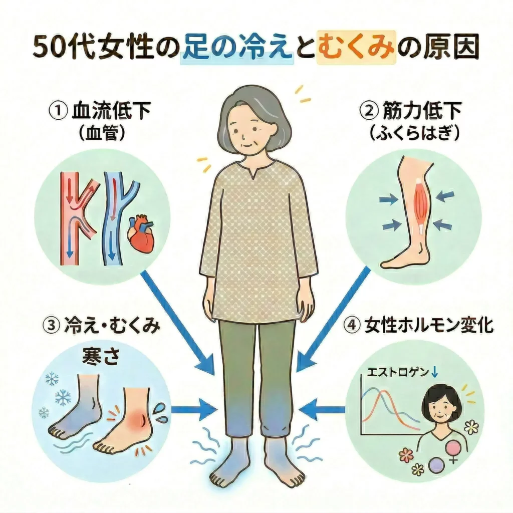 50代女性の足の冷えとむくみの原因（血流低下・筋力低下・ホルモン変化）の図解