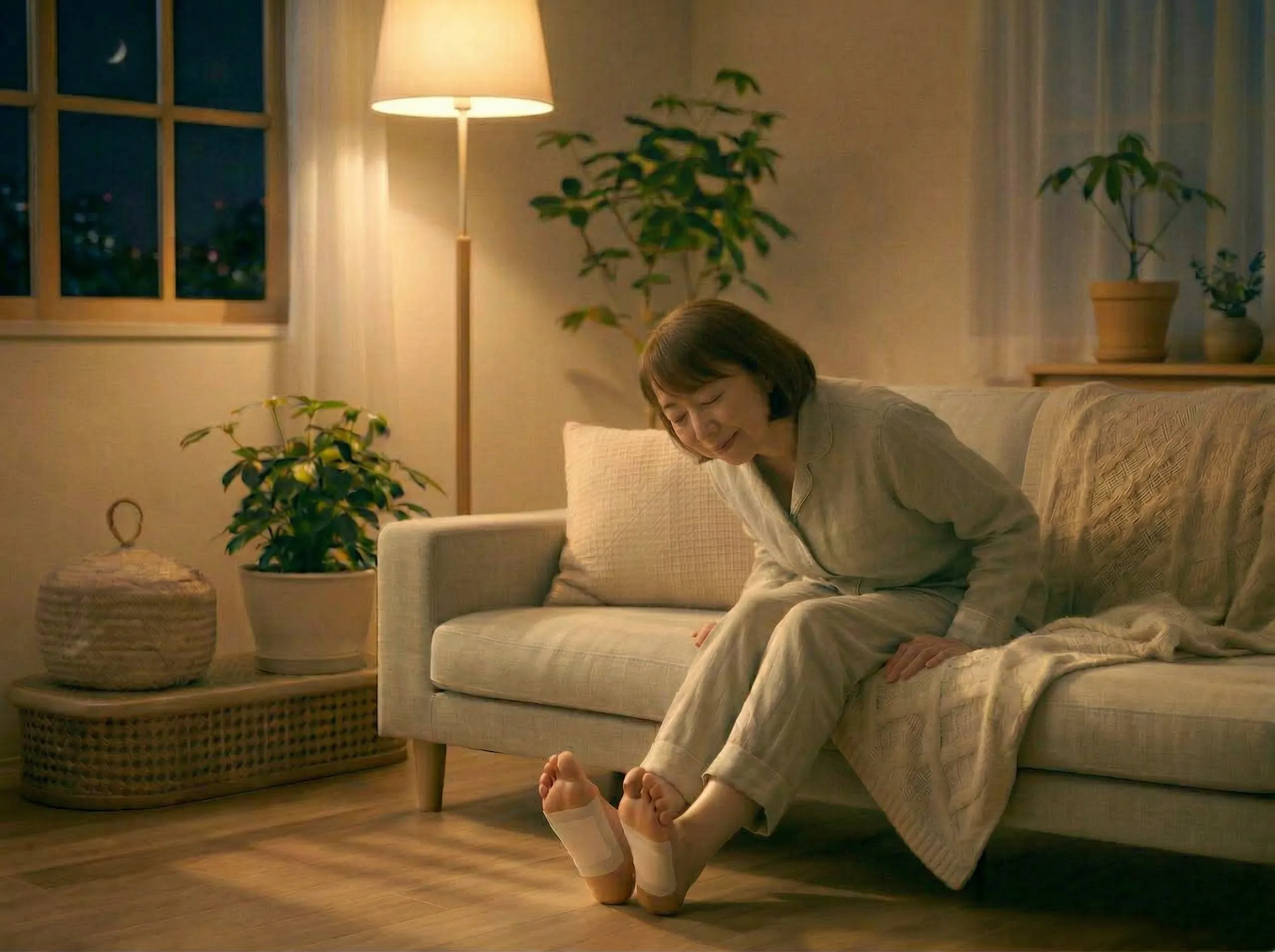 足元ケアとして足を温める50代女性