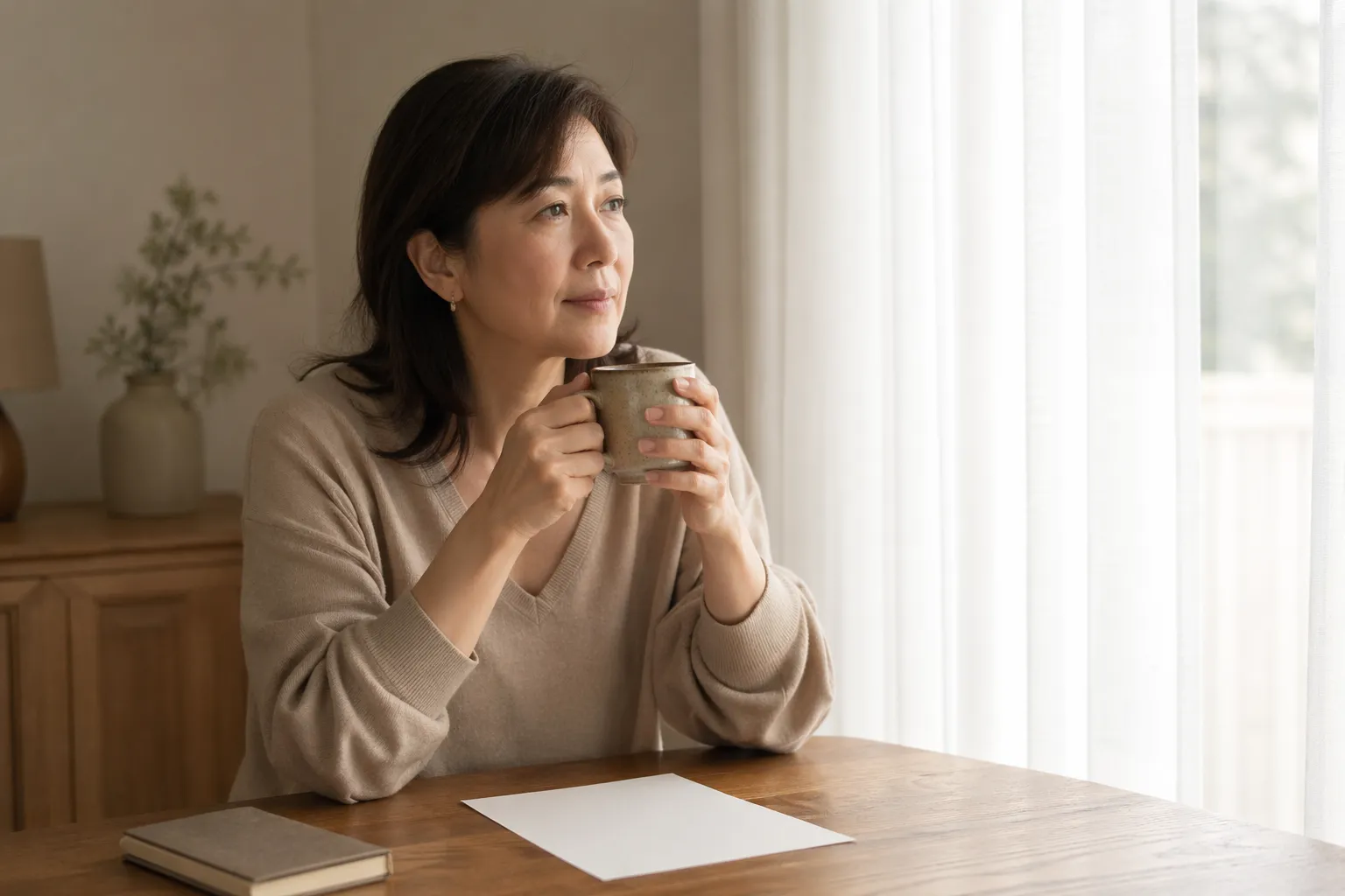 五月病 でだるさを感じ、窓の外を見つめる40代女性