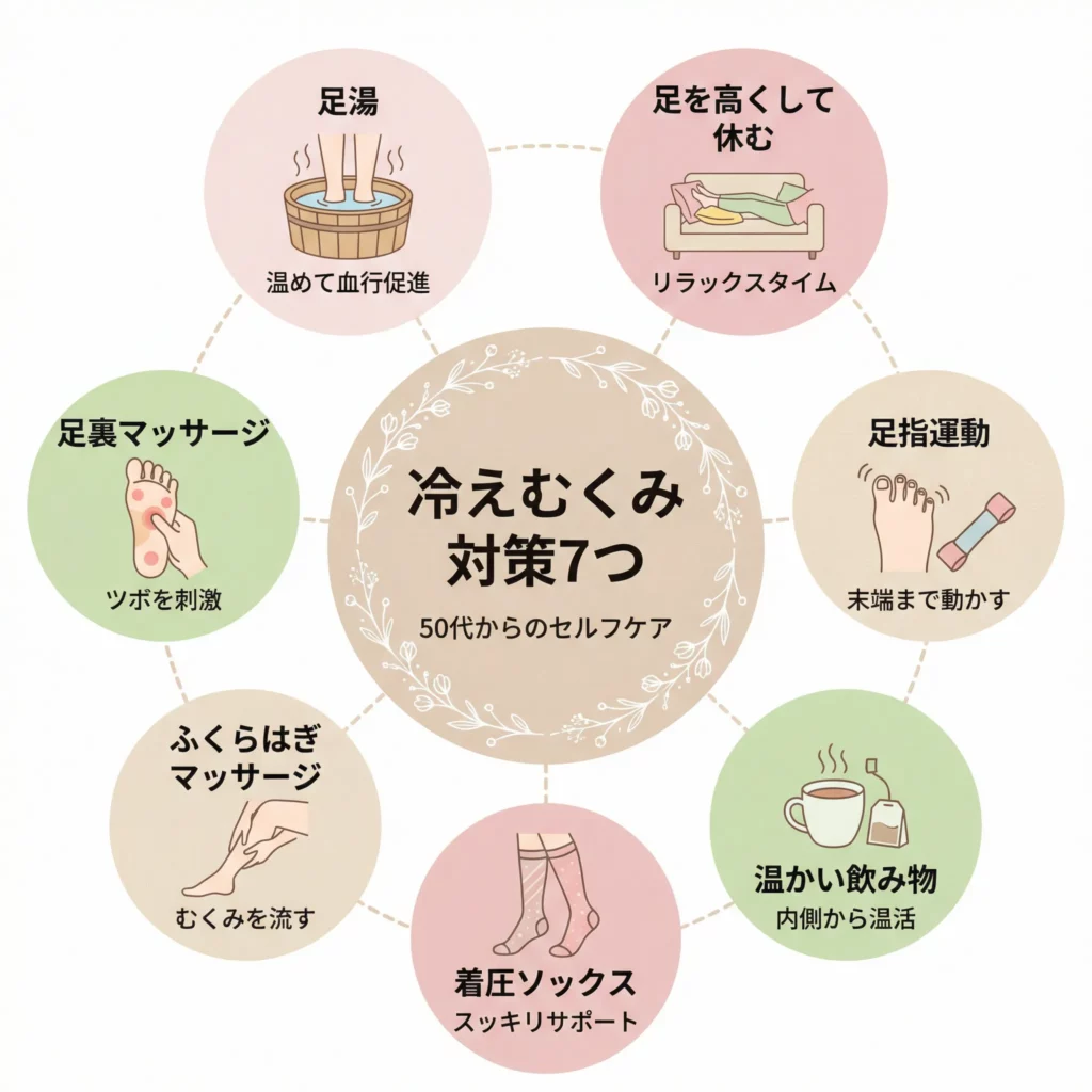 足元ケアとして行う冷えむくみ対策7つをまとめた図解イラスト
