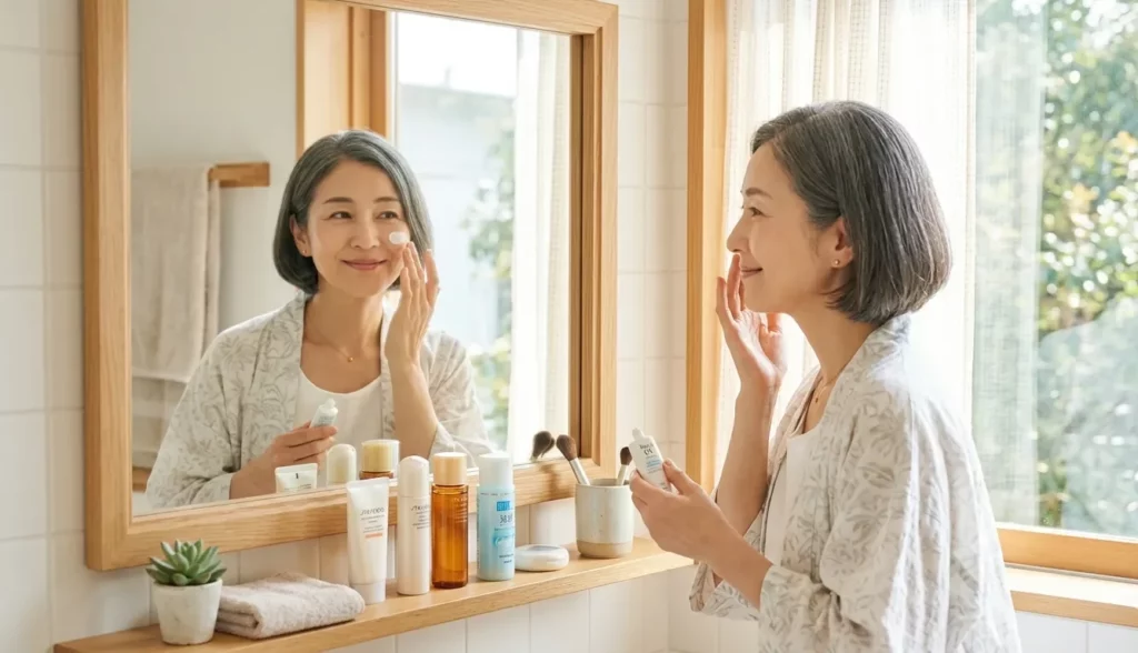 朝のスキンケアで日焼け止めを丁寧に塗る50代女性