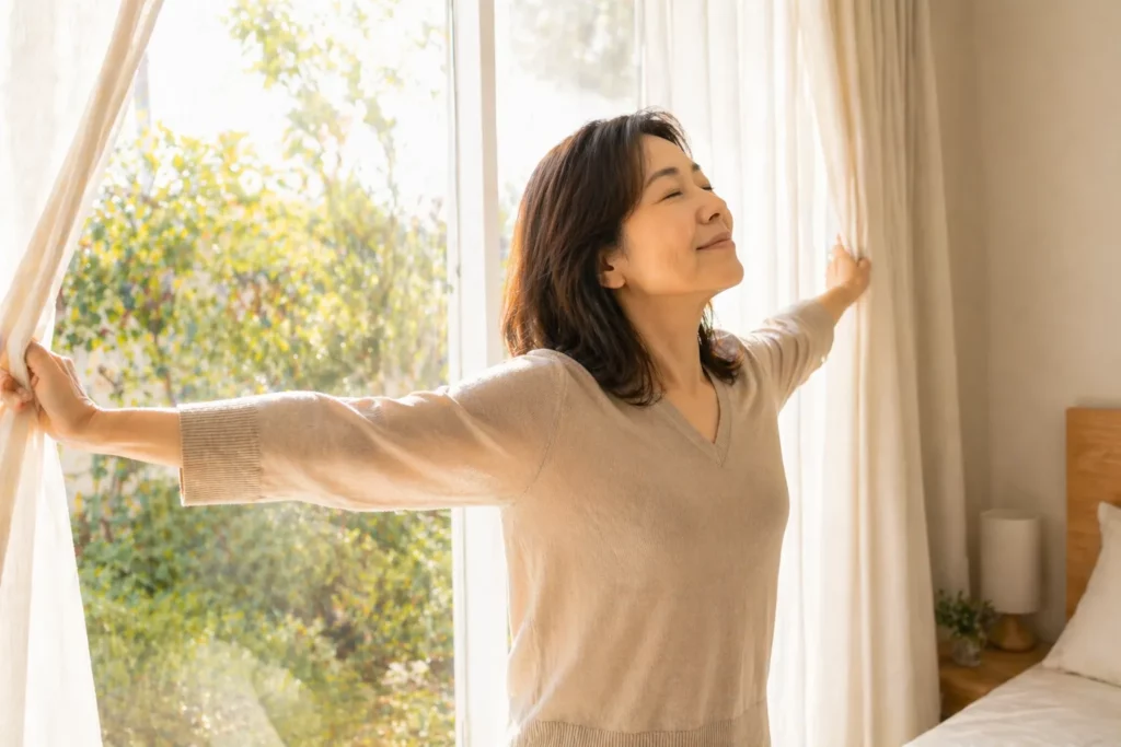 五月病 対策:朝日を浴びながら気持ちよくストレッチする50代女性