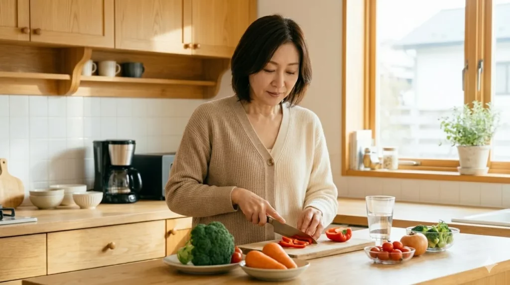 活性酸素 を減らす食事を準備する40代の日本人女性