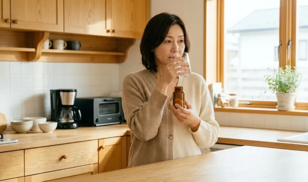 活性酸素 対策として水素サプリを取り入れる40代の日本人女性の朝のルーティン