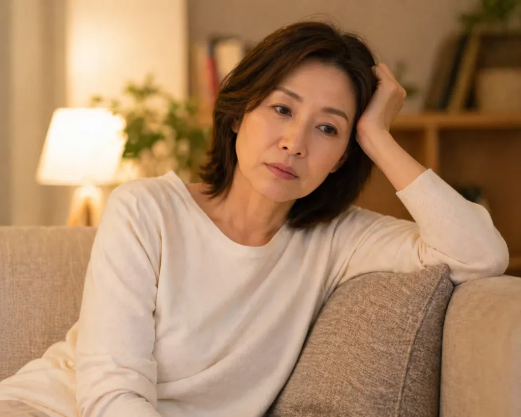 活性酸素 が増えやすい疲れを感じている40代の日本人女性が自宅でリラックスしている様子