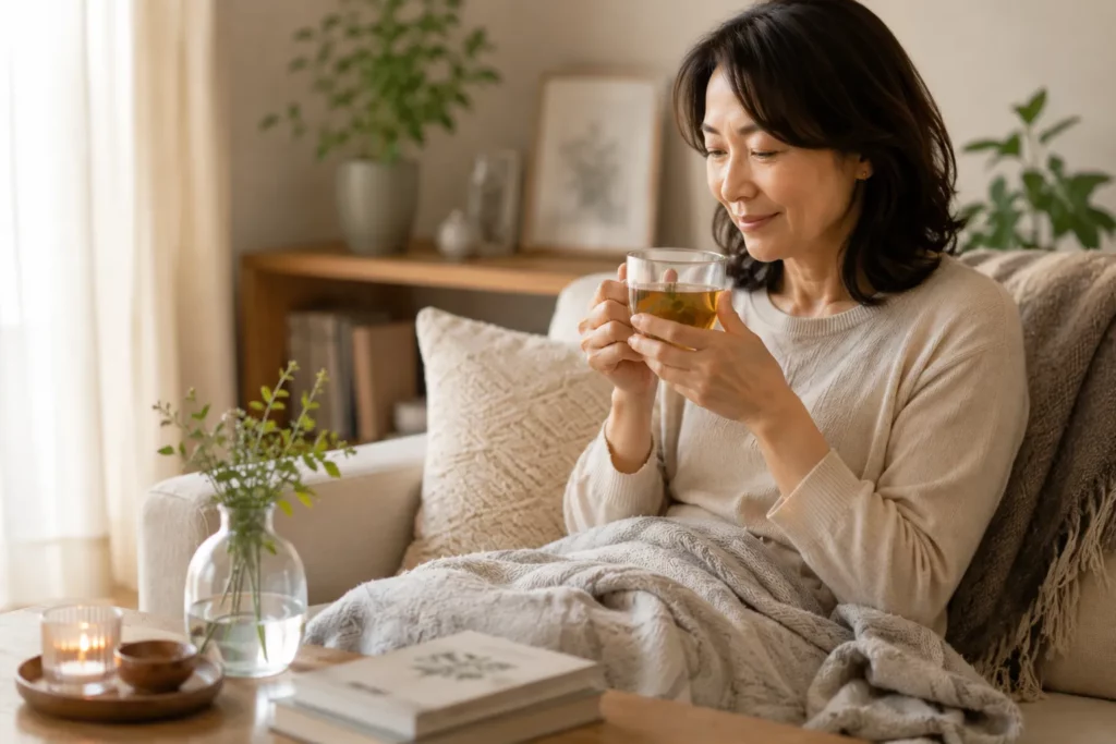 梅雨うつ :ハーブティーを飲みながら自宅でリラックスして過ごす50代女性