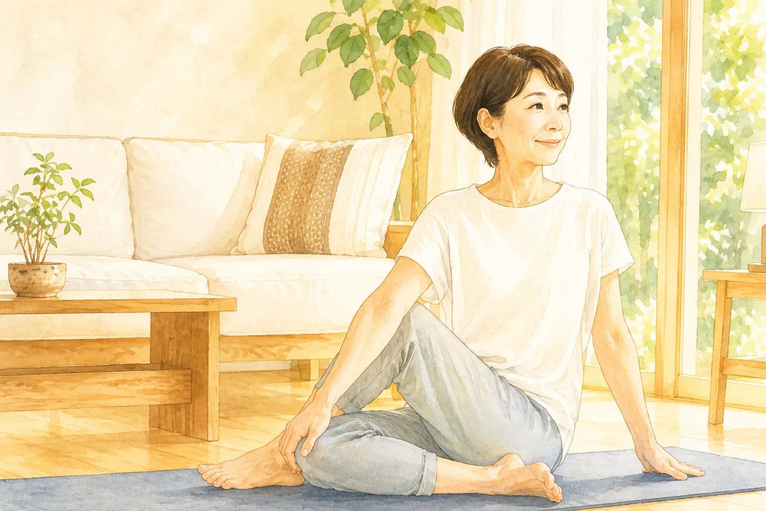 骨粗しょう症：姿勢を整えるストレッチをする50代日本人女性