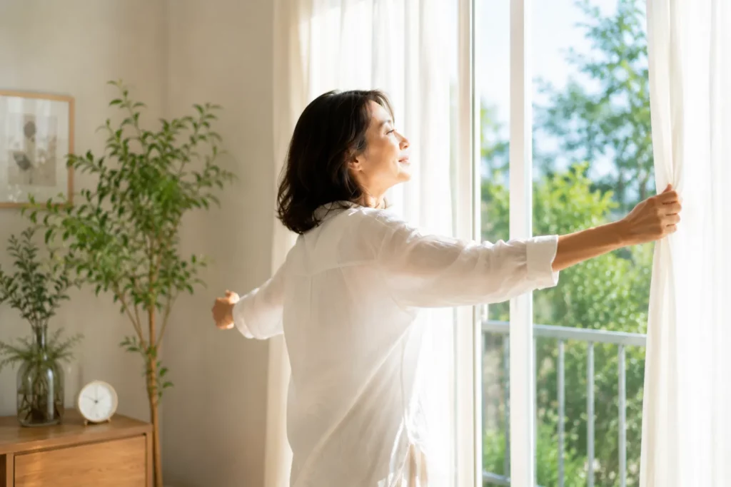 梅雨うつ :朝の光が入る部屋でカーテンを開けながら深呼吸する50代女性