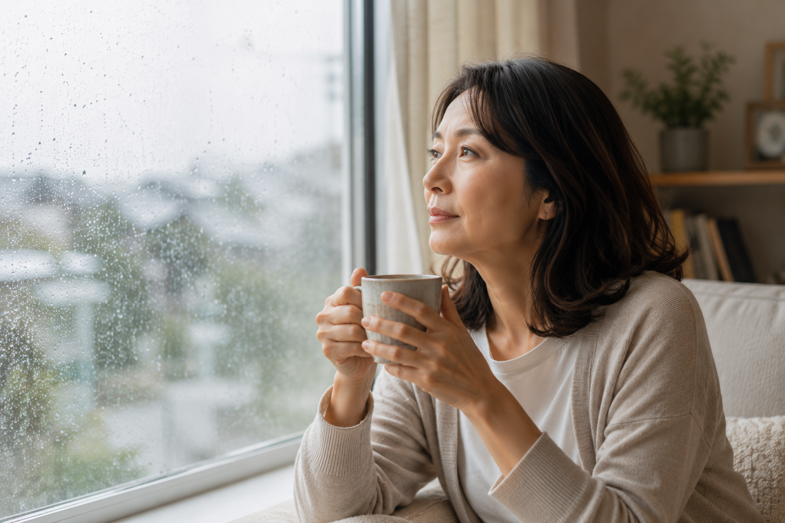 梅雨の雨を眺めながらマグカップを持って過ごす50代女性