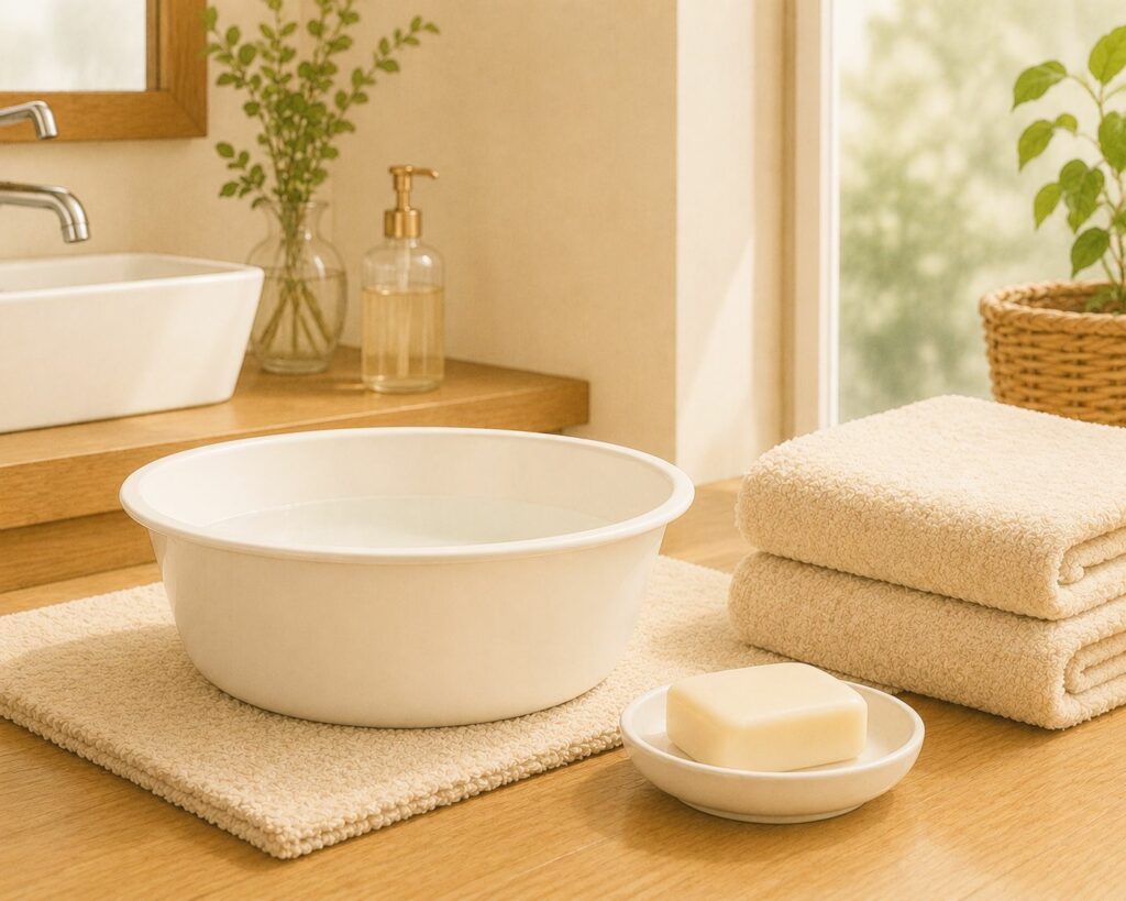 足のにおい ケアの準備が整った洗面器・石けん・タオル