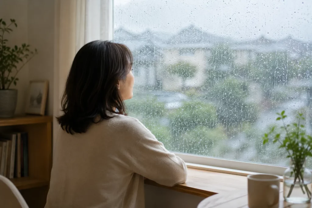 梅雨うつ :雨の日に窓辺で静かに過ごす40〜50代女性