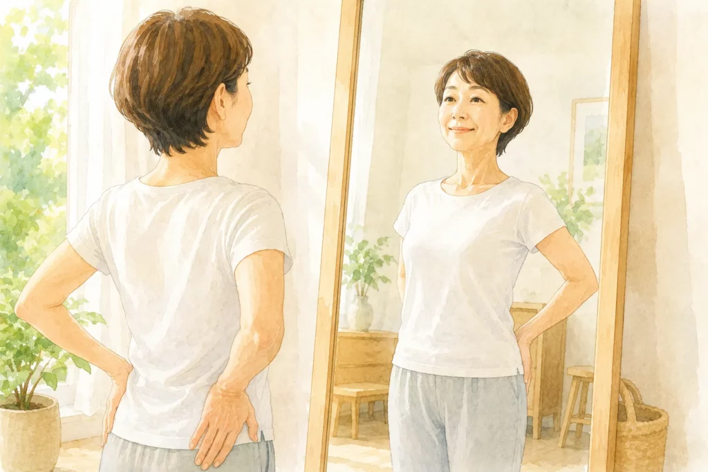 骨粗しょう症 ：正しい姿勢を意識して鏡でチェックする50代日本人女性
