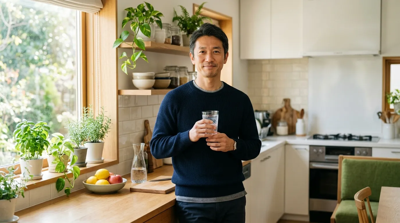 隠れ脱水：水分補給のためにコップの水を手に持つ40代の日本人男性