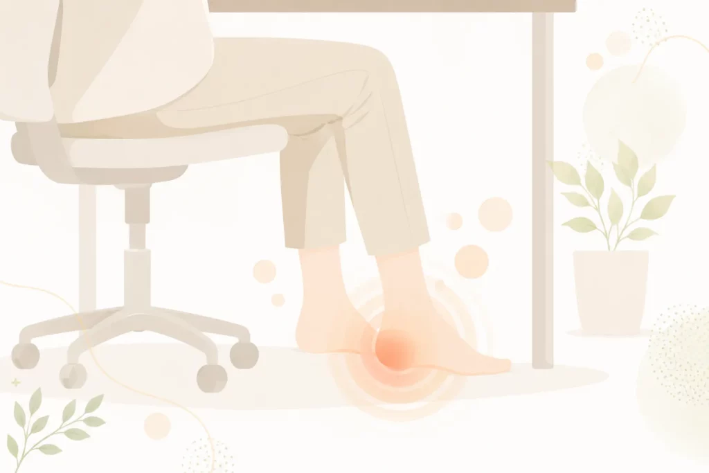 足裏のツボ:デスクワークでかかとに疲れが蓄積するイメージのフラットイラスト