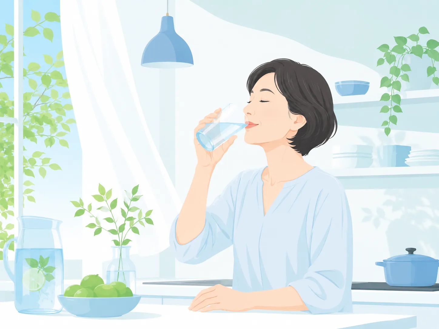酸化 ：夏の日差しが差し込む明るいキッチンで涼しげな水を飲む50代の日本人女性