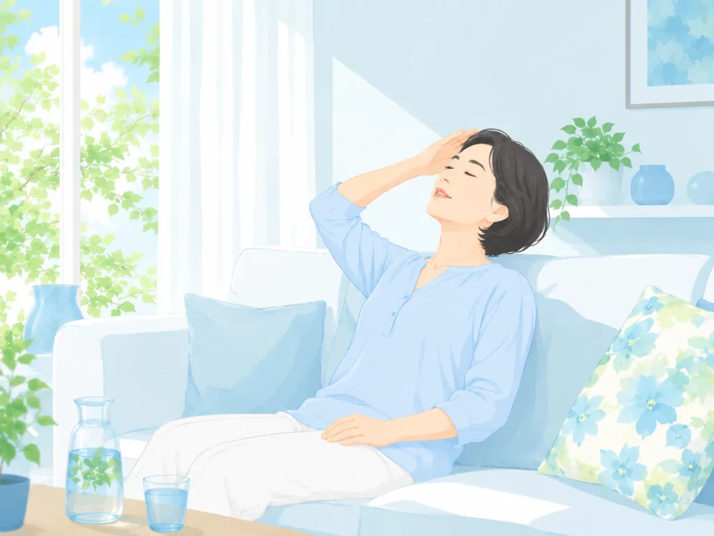 夏の日差しが差し込む部屋のソファで疲れた様子で休んでいる50代の日本人女性