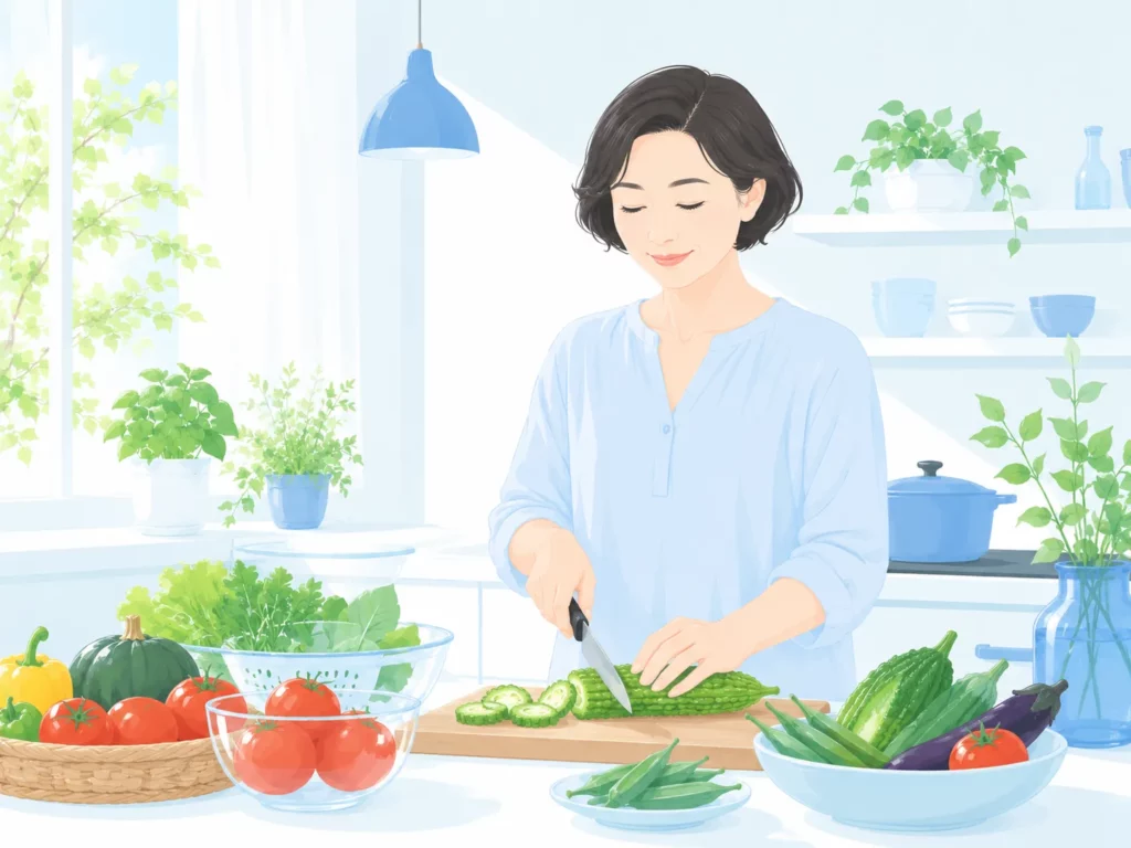 夏野菜（トマト・ゴーヤ・オクラ）と緑の食材が並んだキッチンカウンターで料理の準備をする50代の日本人女性