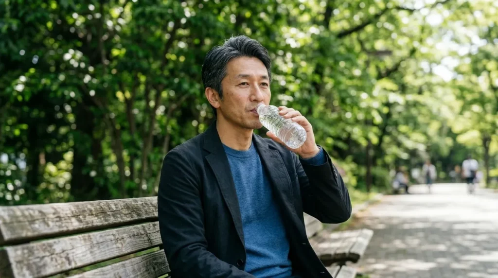 隠れ脱水 ：屋外で水分補給をする疲れ気味の50代の日本人男性