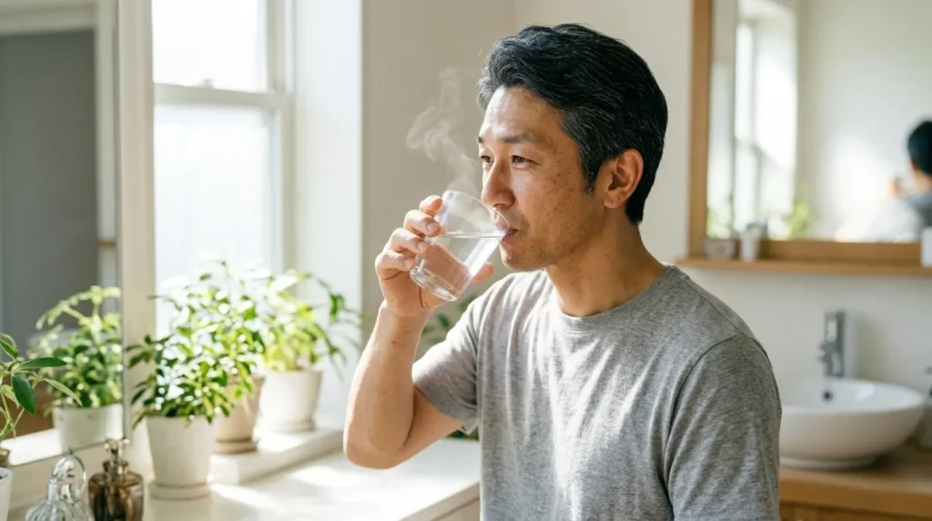 隠れ脱水：朝起きてすぐに白湯を飲む水分補給の習慣を実践する40代の日本人男性