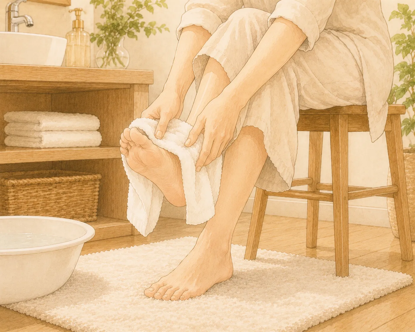 梅雨の足のにおい対策として足裏を丁寧にケアする50代日本人女性