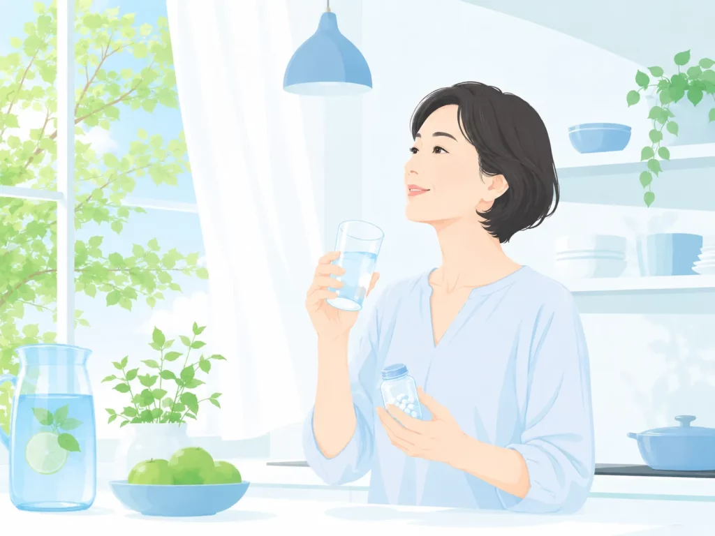 爽やかな朝の光の中でグラスと小瓶のサプリを持つ50代の日本人女性
