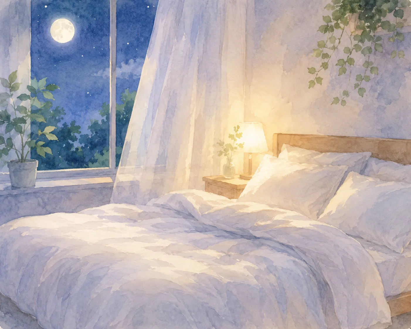 睡眠負債 ：夏の夜に観葉植物が置かれた静かな寝室の風景