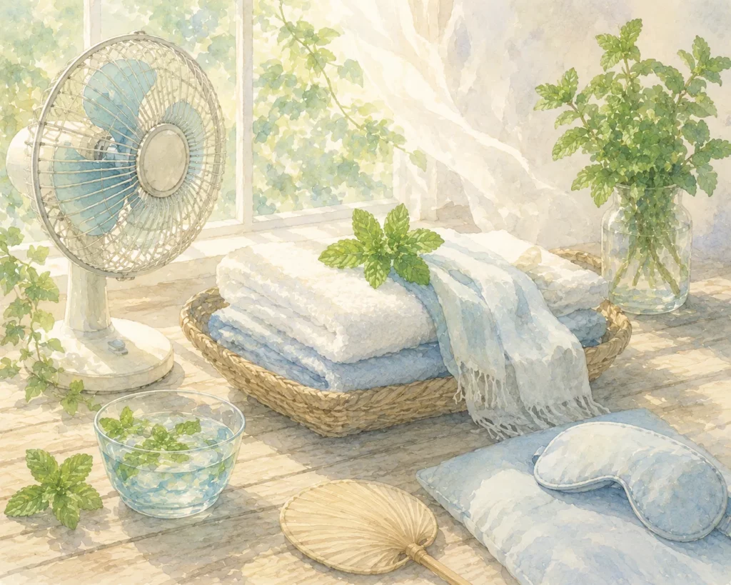 睡眠負債 ：扇風機やナチュラル素材のタオル、ミントの葉が並んだ涼しげな夏の風景