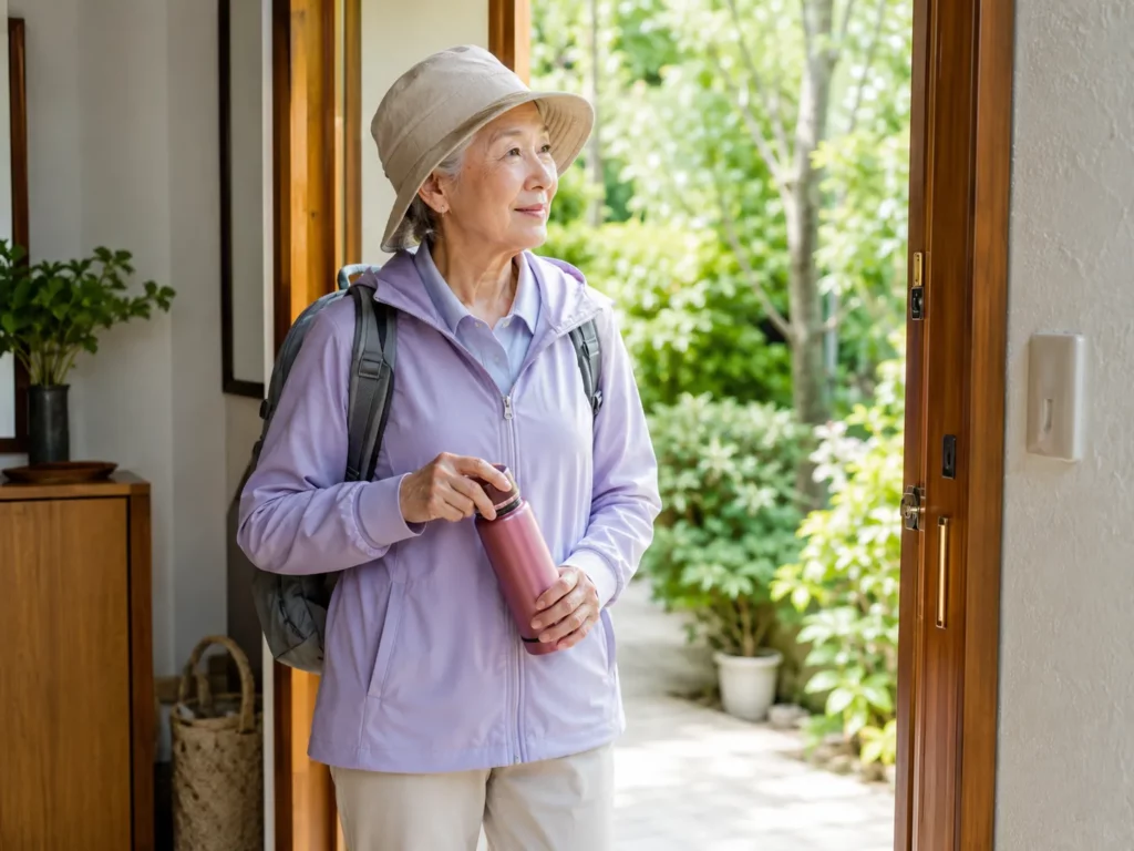 熱中症 外出前に帽子と水筒を準備する70代女性