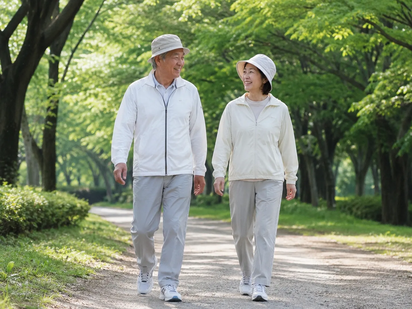 熱中症 早朝の公園でウォーキングをする60代の夫婦