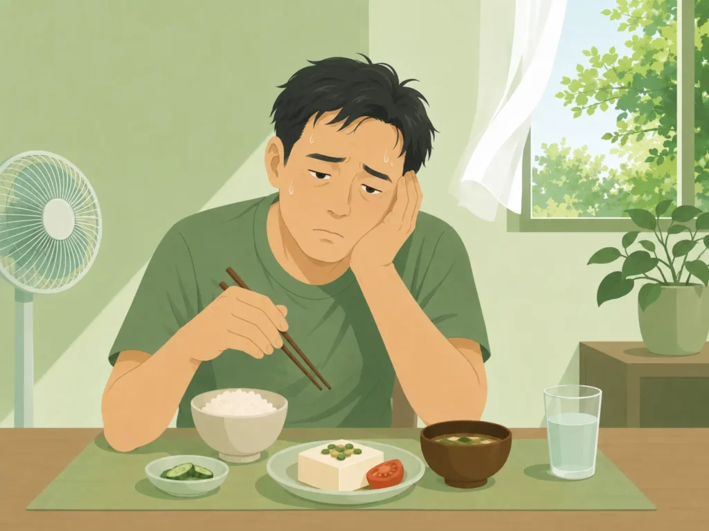 食欲不振 夏の暑さで食欲がわかない男性のイラスト