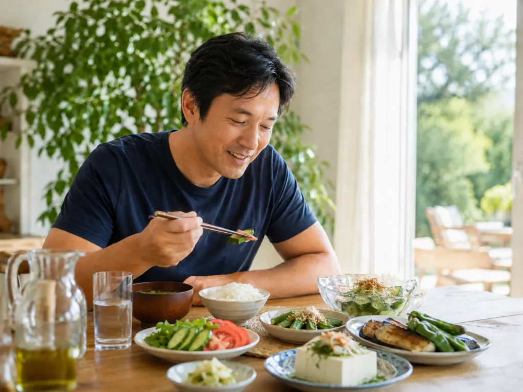 食欲不振 対策：夏の食卓で軽い食事をとる40代男性