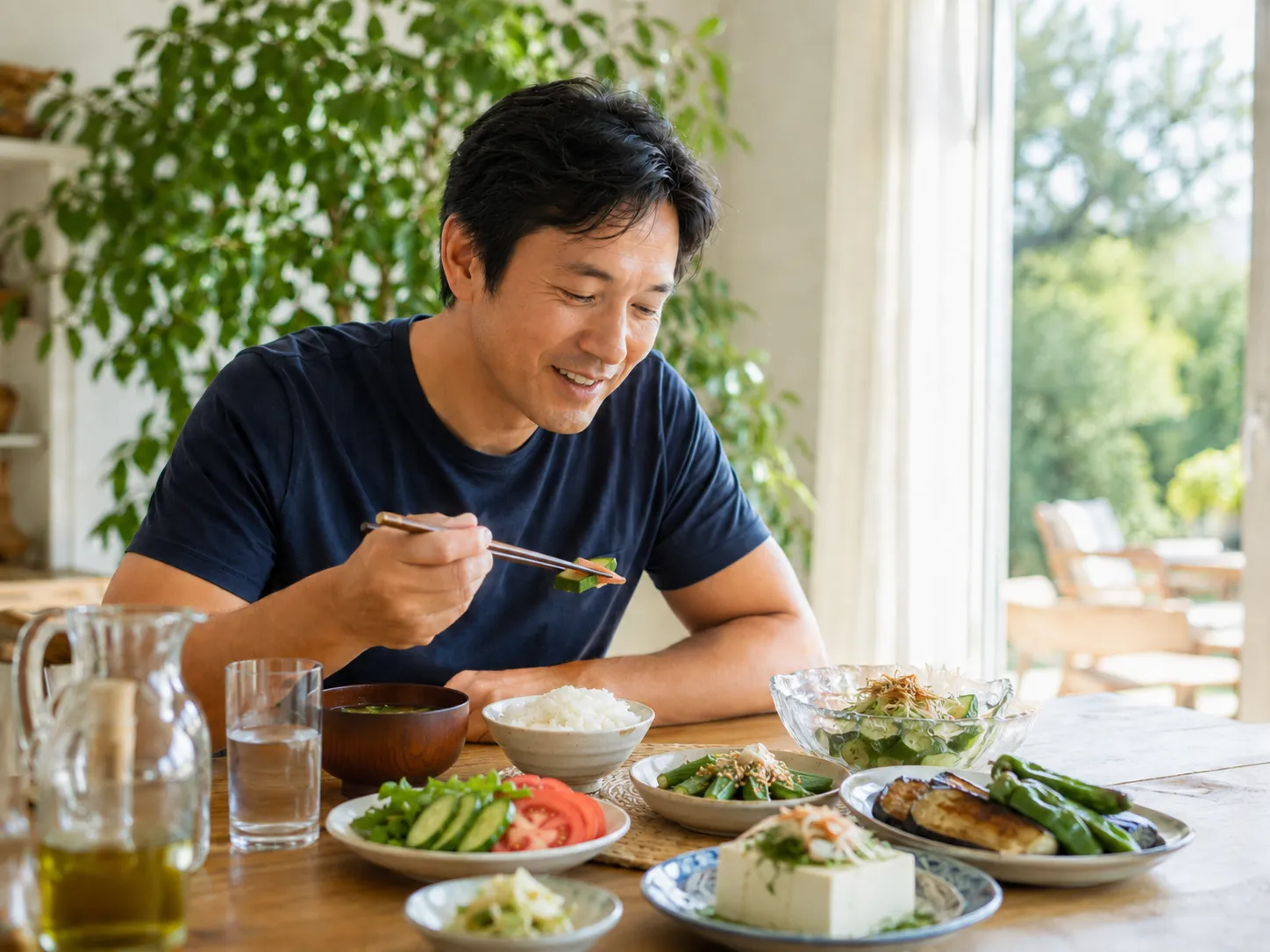 食欲不振 対策：夏の食卓で軽い食事をとる40代男性