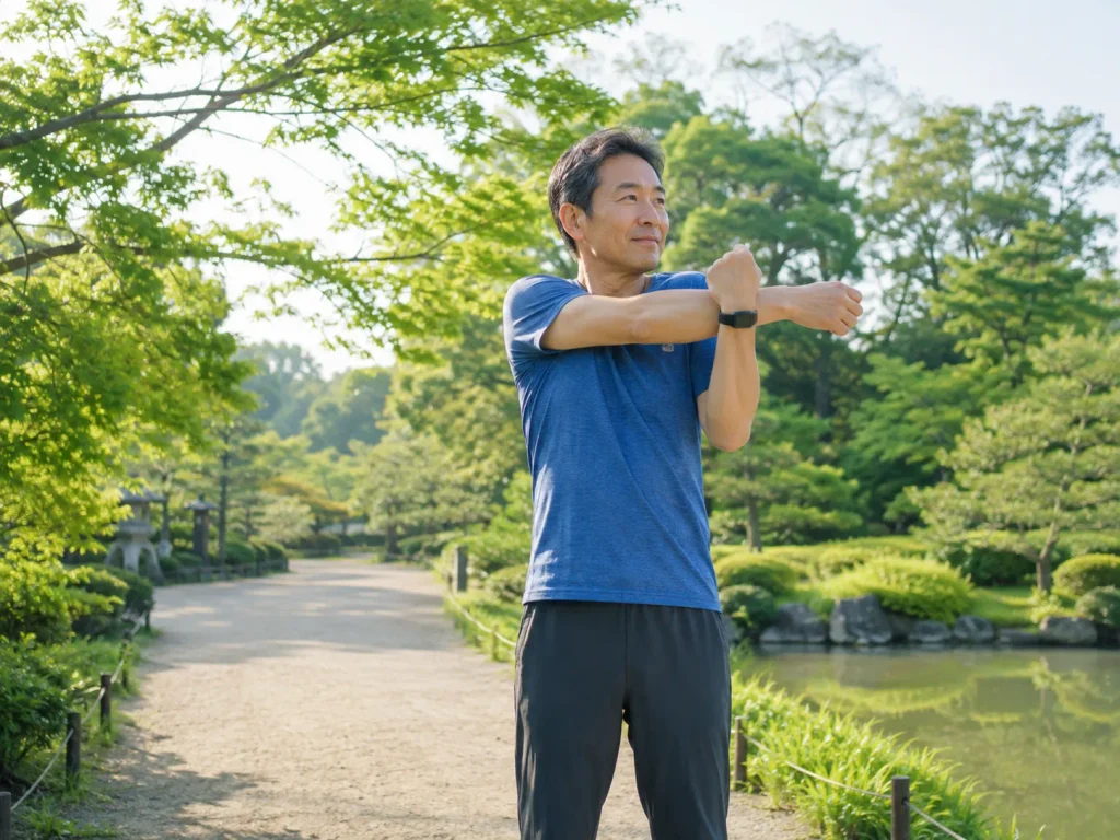 更年期_公園で軽くストレッチをする男性