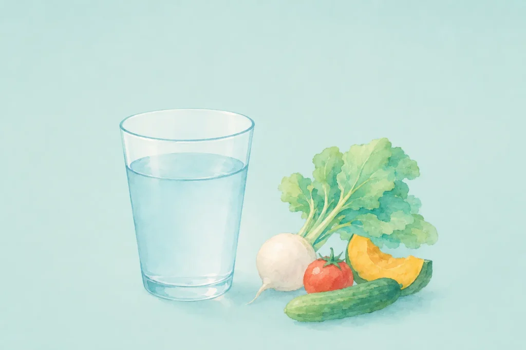 更年期_水素水のグラスと野菜を描いた水彩イラスト