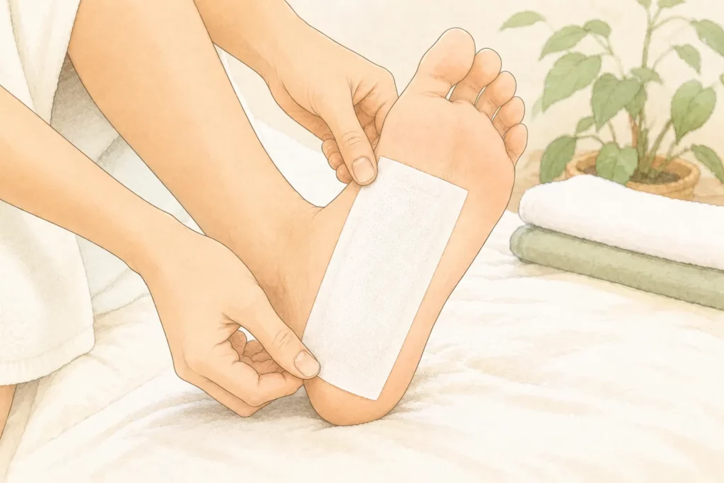 入浴後、足裏の中央に樹液シートを縦向きに貼っている手元のイラスト