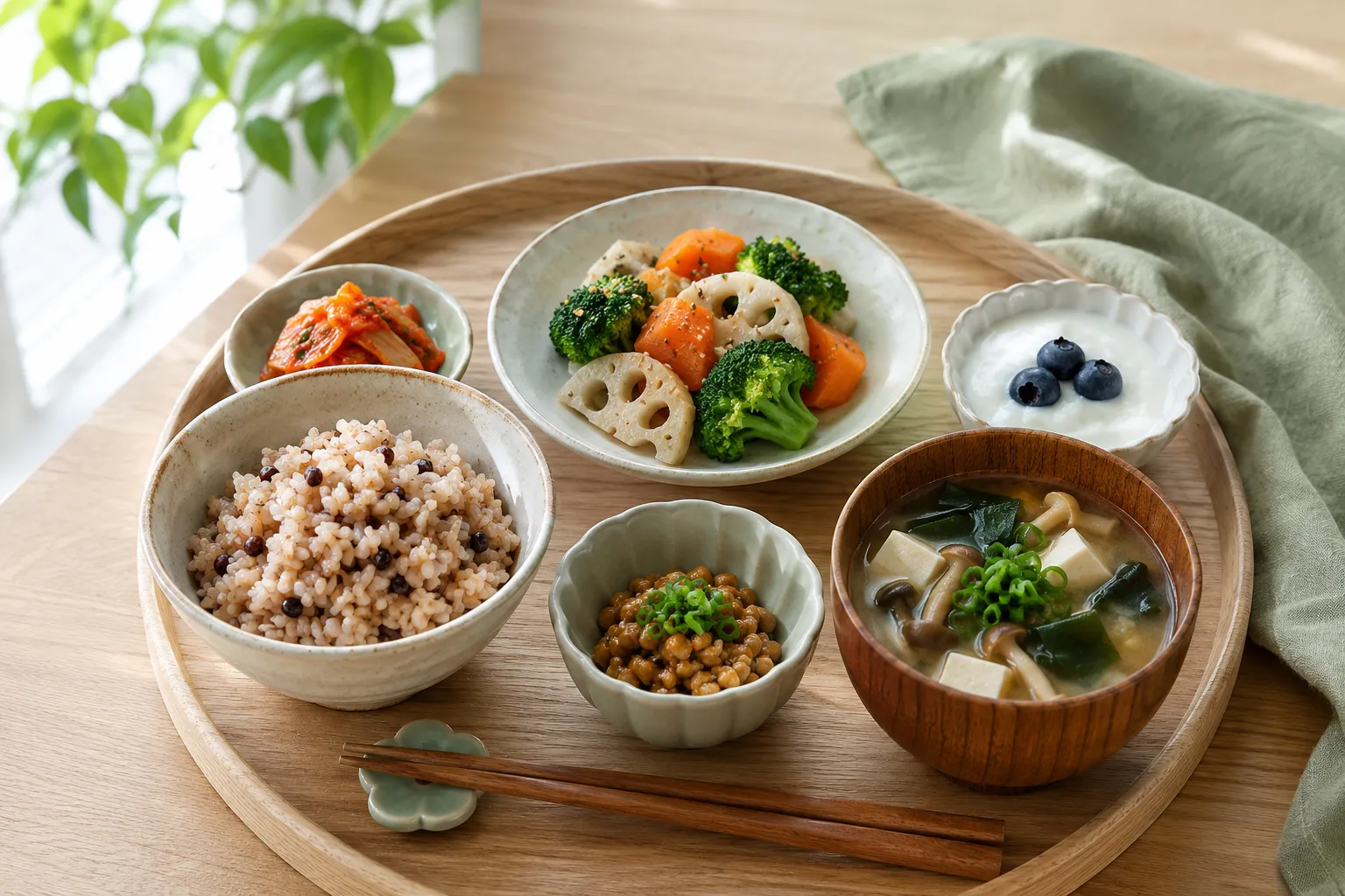 腸活‗発酵食品と食物繊維が豊富な食材を並べた食卓