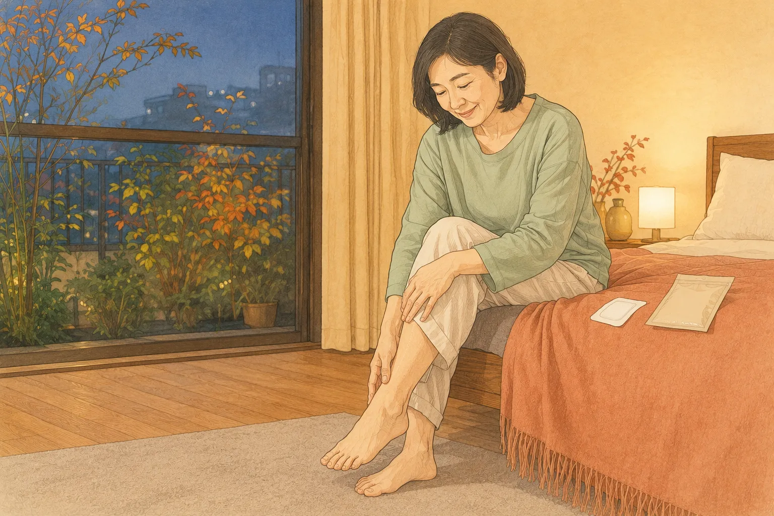秋の夜、ベッドに腰掛けて冷えた足元を気にする50代女性のイラスト