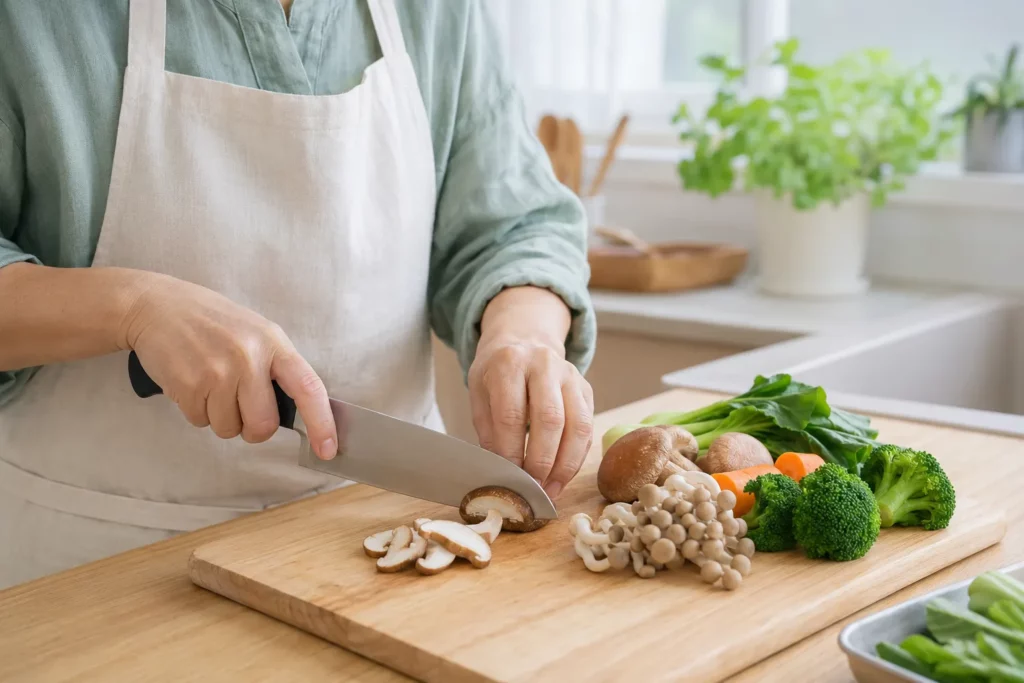 腸活_キッチンで野菜やきのこを調理する女性の手元